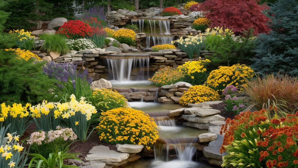 Seasonal Planting Around Waterfall