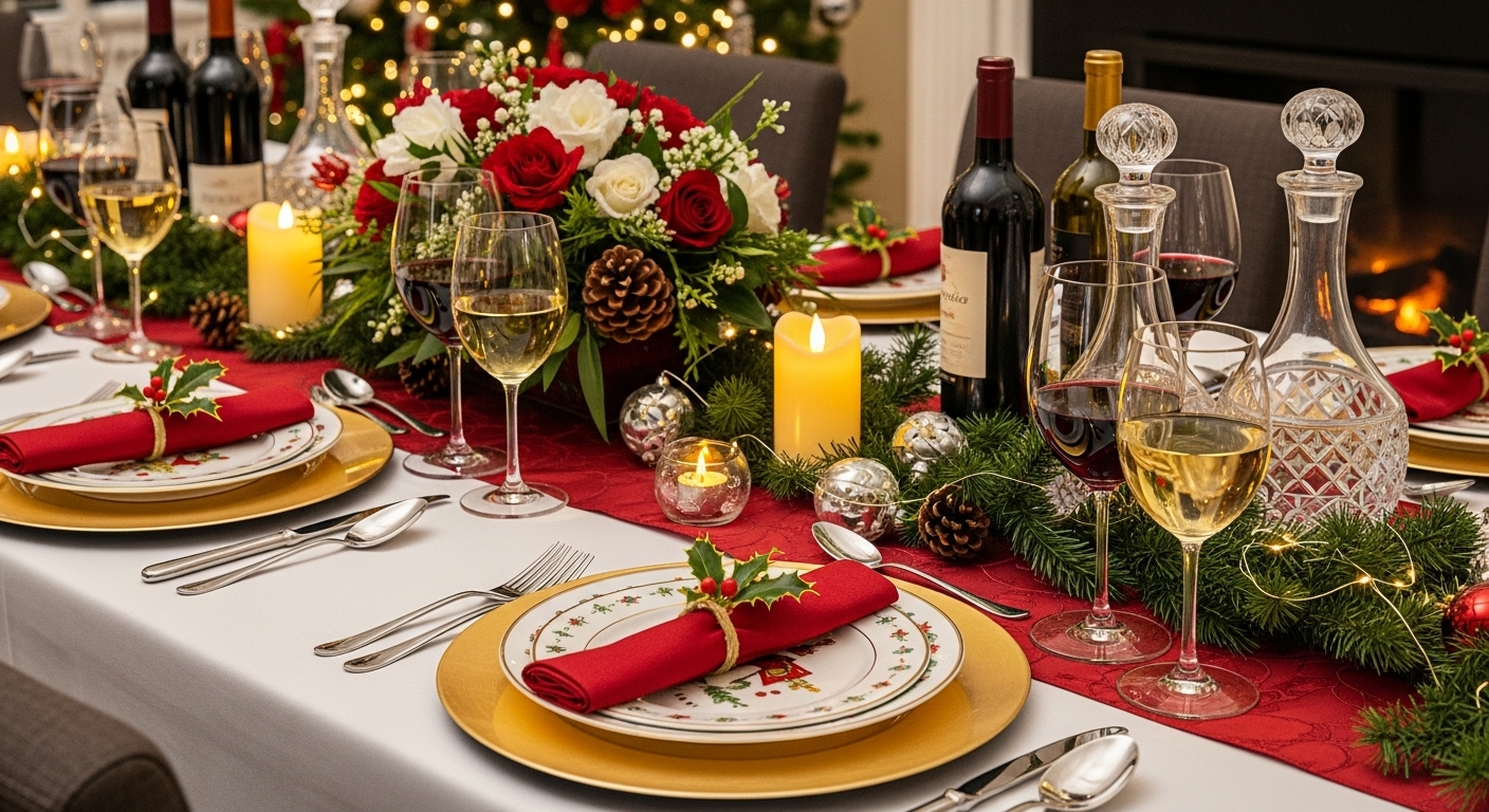 12 Christmas Table Settings with Wine Glasses