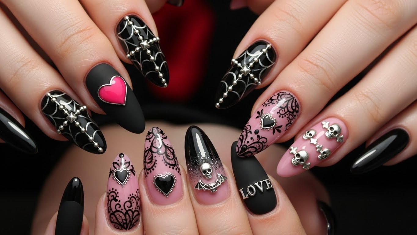 12 Gothic Black and Pink Valentine Nail Art Ideas