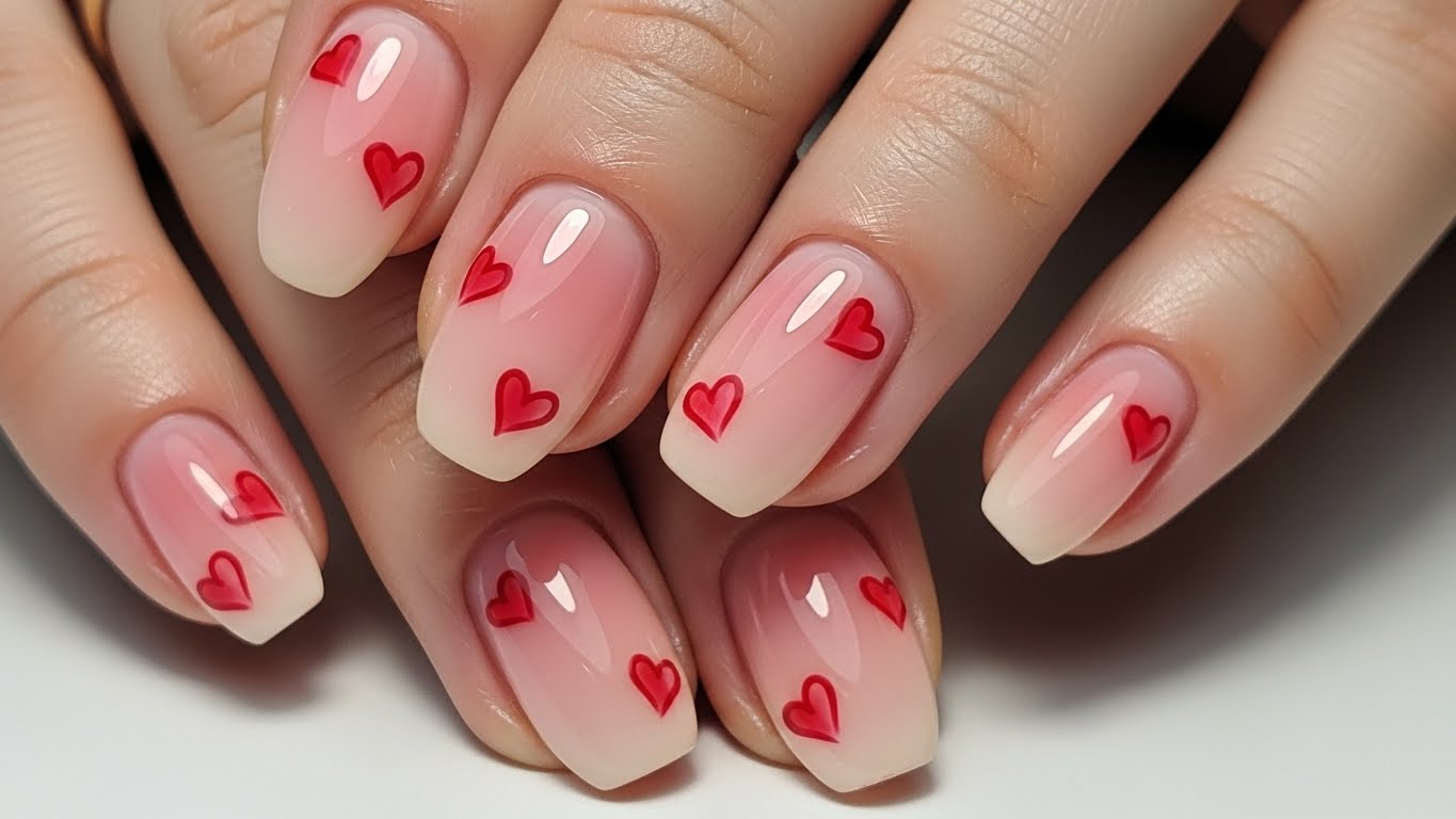 12 Short Valentine Aura Nails with Tiny Red Hearts Ideas